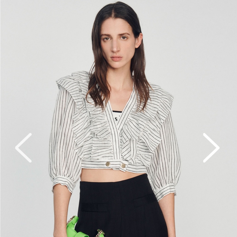 Sandro Cropped Linen Top with Stripes - New With Tags